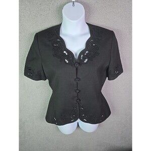 Le Suit Short Sleeve Jacket Black 12 Embroidered Beaded Workwear Chic